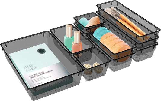 10 PCS Drawer Organizer Set, 4 Varied Size Bathroom and kitchen Drawer cabinet organizer Trays, Clear Storage Bins for Makeup, Jewelry, Utensils and Gadgets, Black