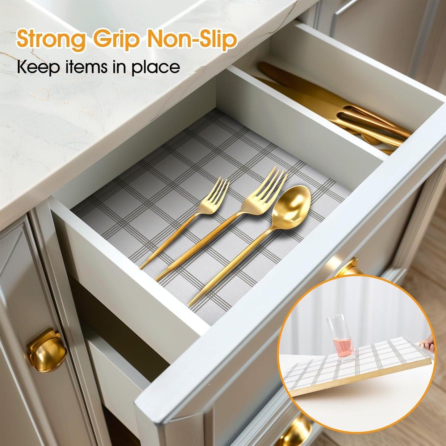 Shelf and Drawer Liner for Kitchen Cabinets Non-Adhesive, Strong Grip Non-Slip Thickened Cabinet Liners for Shelves, Waterproof Mats for Dresser Cupboard, White Square, 17 in x 20 Feet