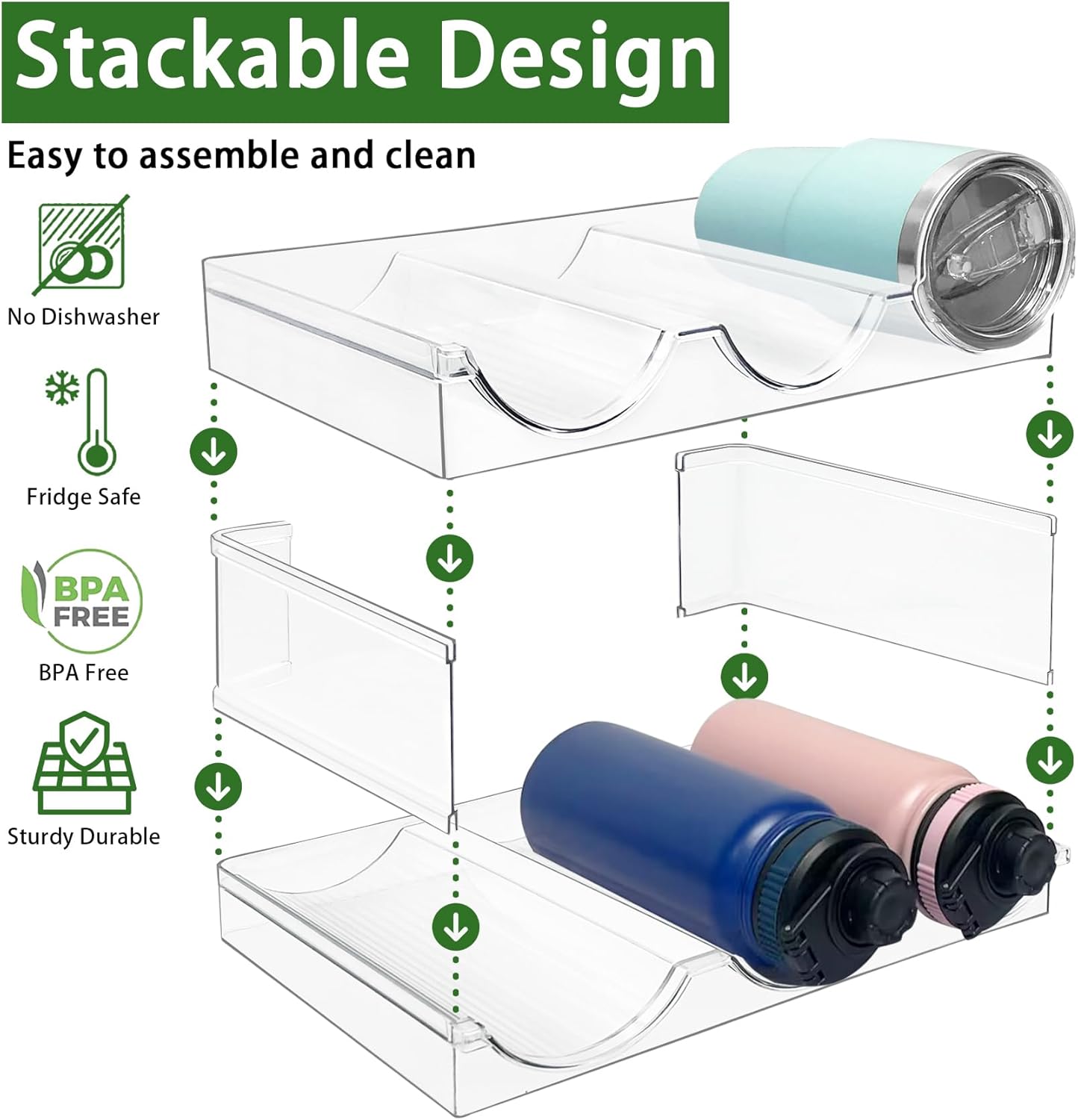 2 Pack Water Bottle Organizer, Stackable Kitchen Pantry Storage Shelf, Plastic Water Bottle Holder for Cabinet and Fridge Organization