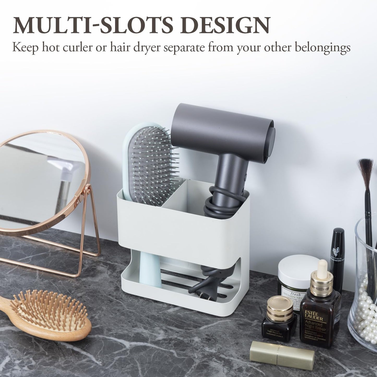 MyGift White Metal Wall Mount Hair Tools Holder with 2 Slots, Salon Hair Styling Accessories Organizer Rack, Blow Dryer, Straightener and Curling Iron Holder