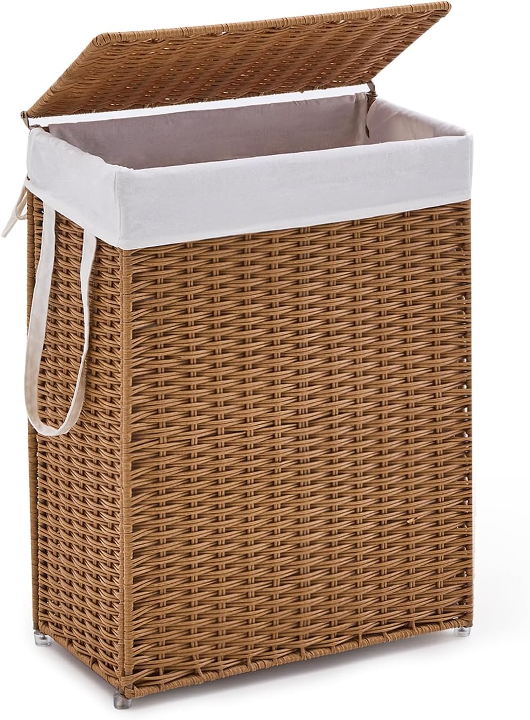 Slim Wicker Laundry Hamper with Lid, 55L Handwoven Rattan Basket with Handles, Narrow Laundry Basket with Removable Liner Bag & 2 Mesh Bags