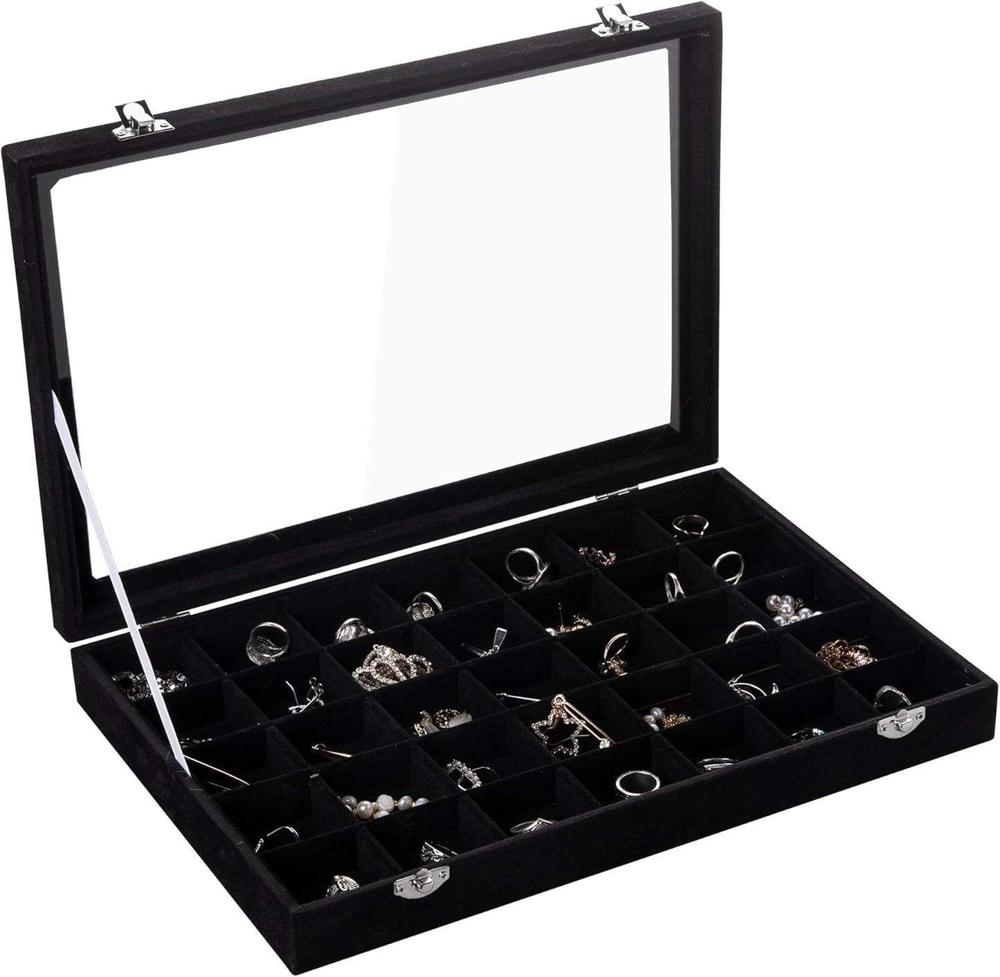 Frebeauty Velvet Jewelry Tray,35 Grid Jewelry Organizer with Clear Lid,Earring Holder Organizer Case with Clasp,Drawer Insert for Rings Studs,13.8 x 9.5 x 2 Inches,Gift for Women Girls(Black)