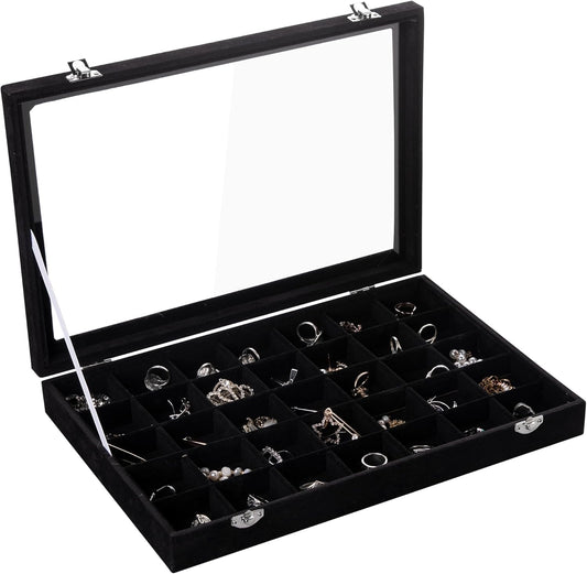 Frebeauty Velvet Jewelry Tray,35 Grid Jewelry Organizer with Clear Lid,Earring Holder Organizer Case with Clasp,Drawer Insert for Rings Studs,13.8 x 9.5 x 2 Inches,Gift for Women Girls(Black)