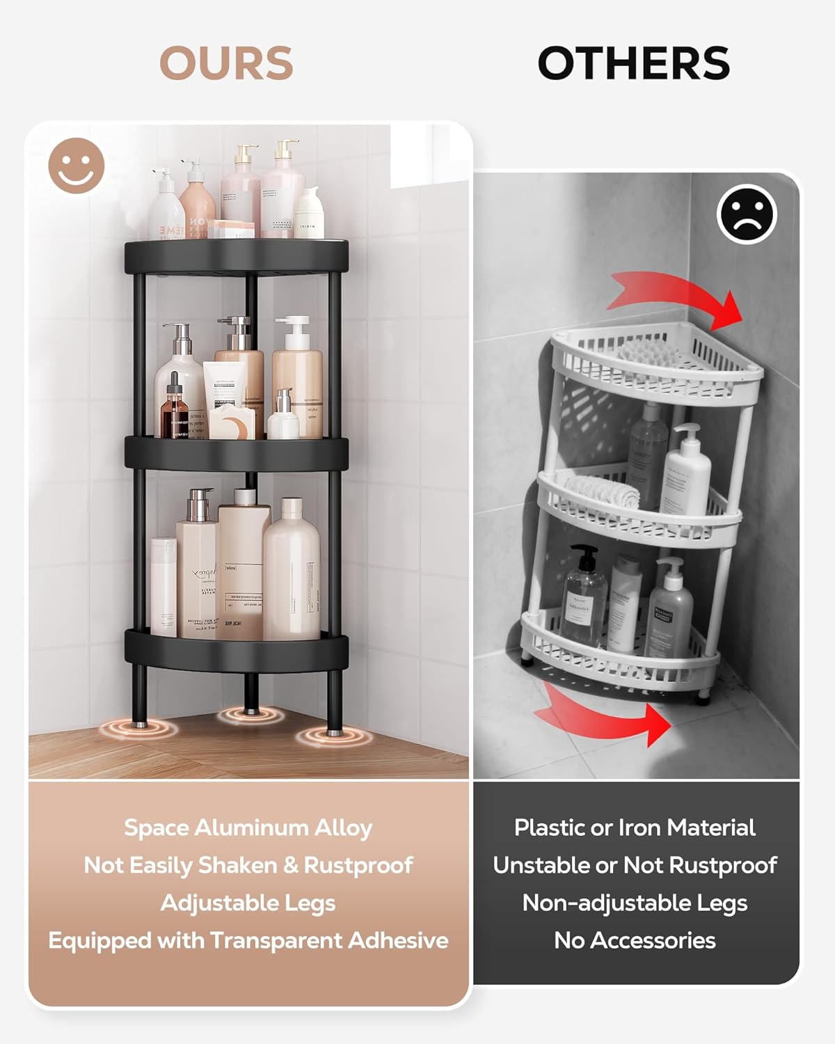 Nieifi Corner Shower Caddy Stand-3 Tier Rustproof Anodized Aluminum Standing Shower Organizer-Shower Caddy Corner-Dual Stability to Anti-Shaking-Height-Adjustable Legs for Uneven Surfaces-Black