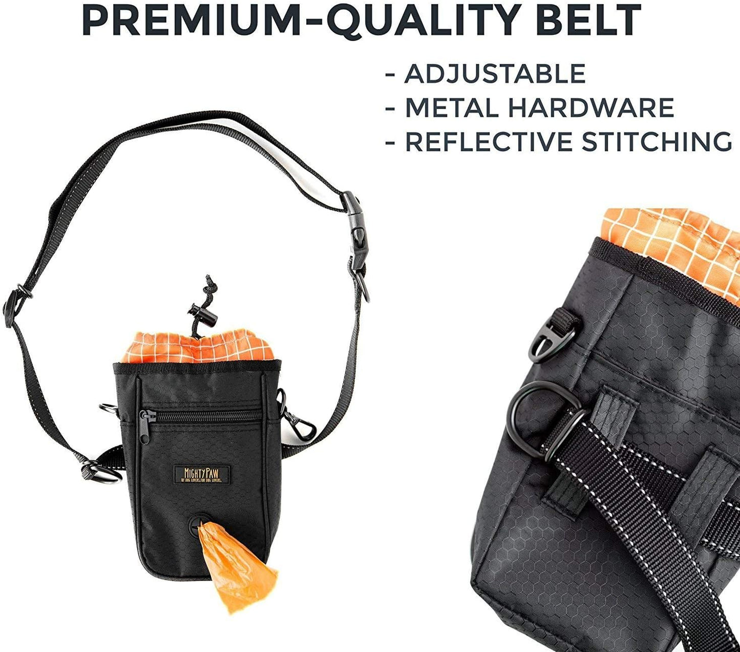 Mighty Paw Dog Treat Bag - Drawstring Closure Pouch - Includes Carabiner Hook and Pick-up Bags - With Reflective Belt - Dog Training Treats Pouch (Black)