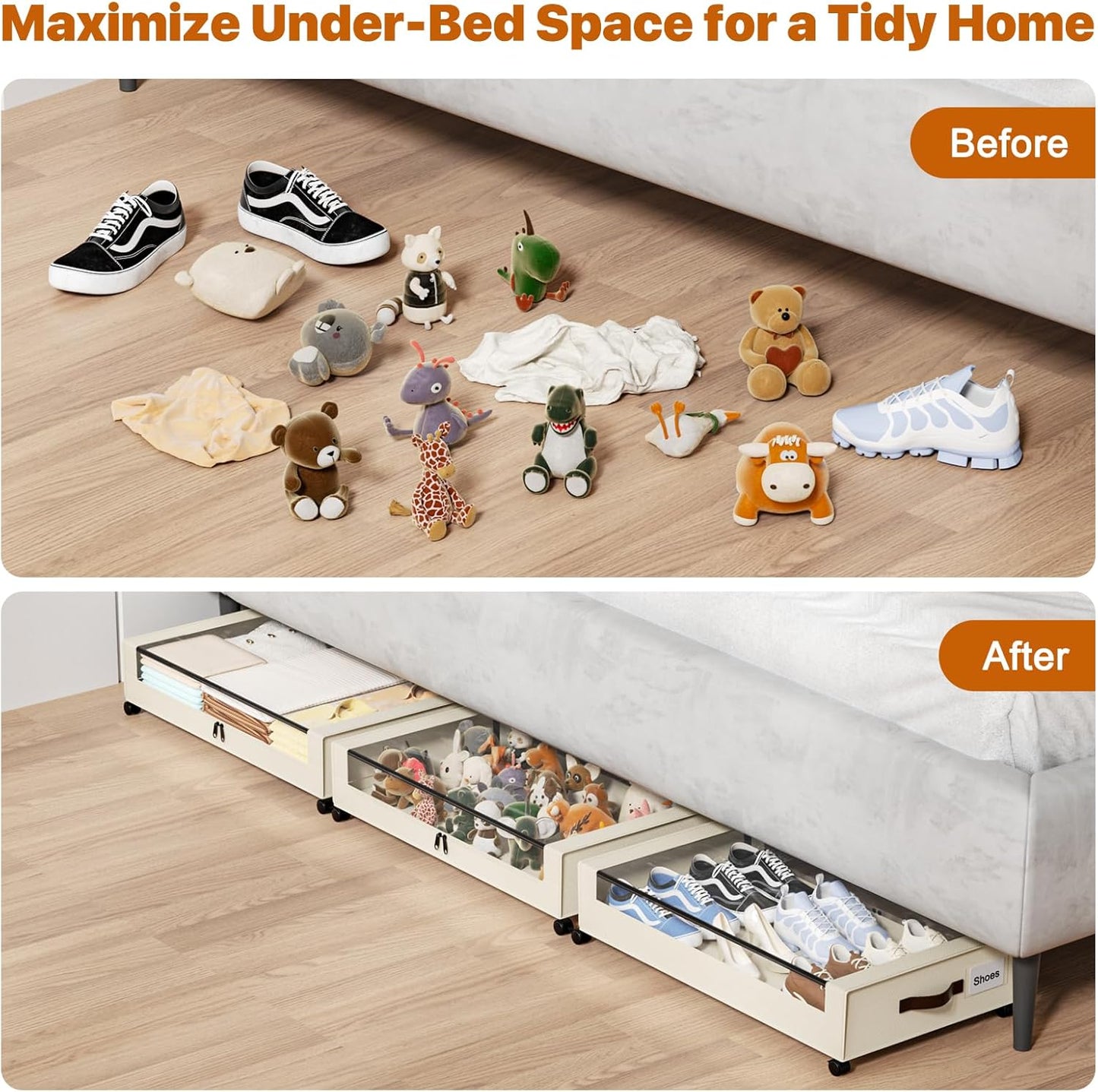 Under Bed Storage with Wheels,XXL 60L Under Bed Storage Containers with Clear Lids, Rolling Under Bed Metal Drawer for Clothes, Shoes,Toys (White, 2 Pack)
