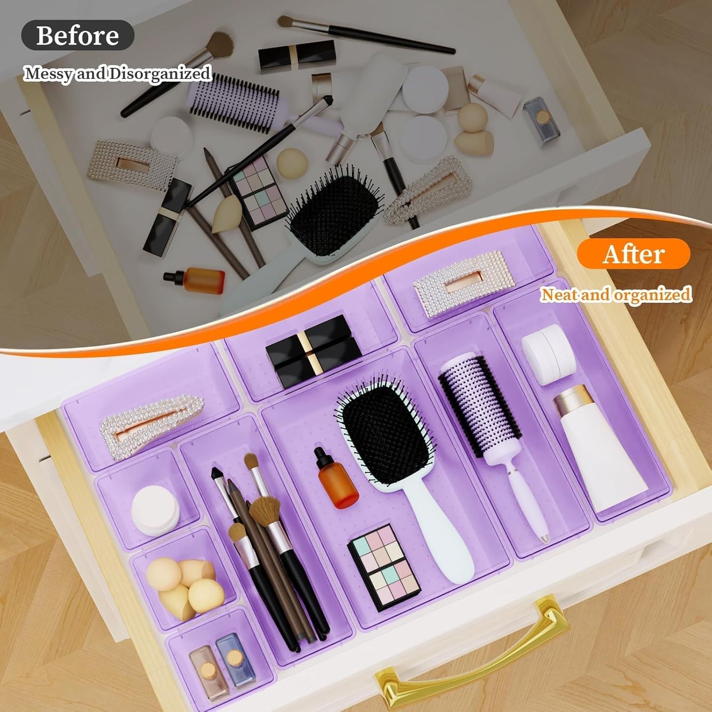 32 PCS Clear Plastic Drawer Organizer Set, 4-Size vanity organizer Trays and Storage Bins for Makeup, Jewelry and Gadgets in Bedroom, Bathroom and Office, Clear Purple