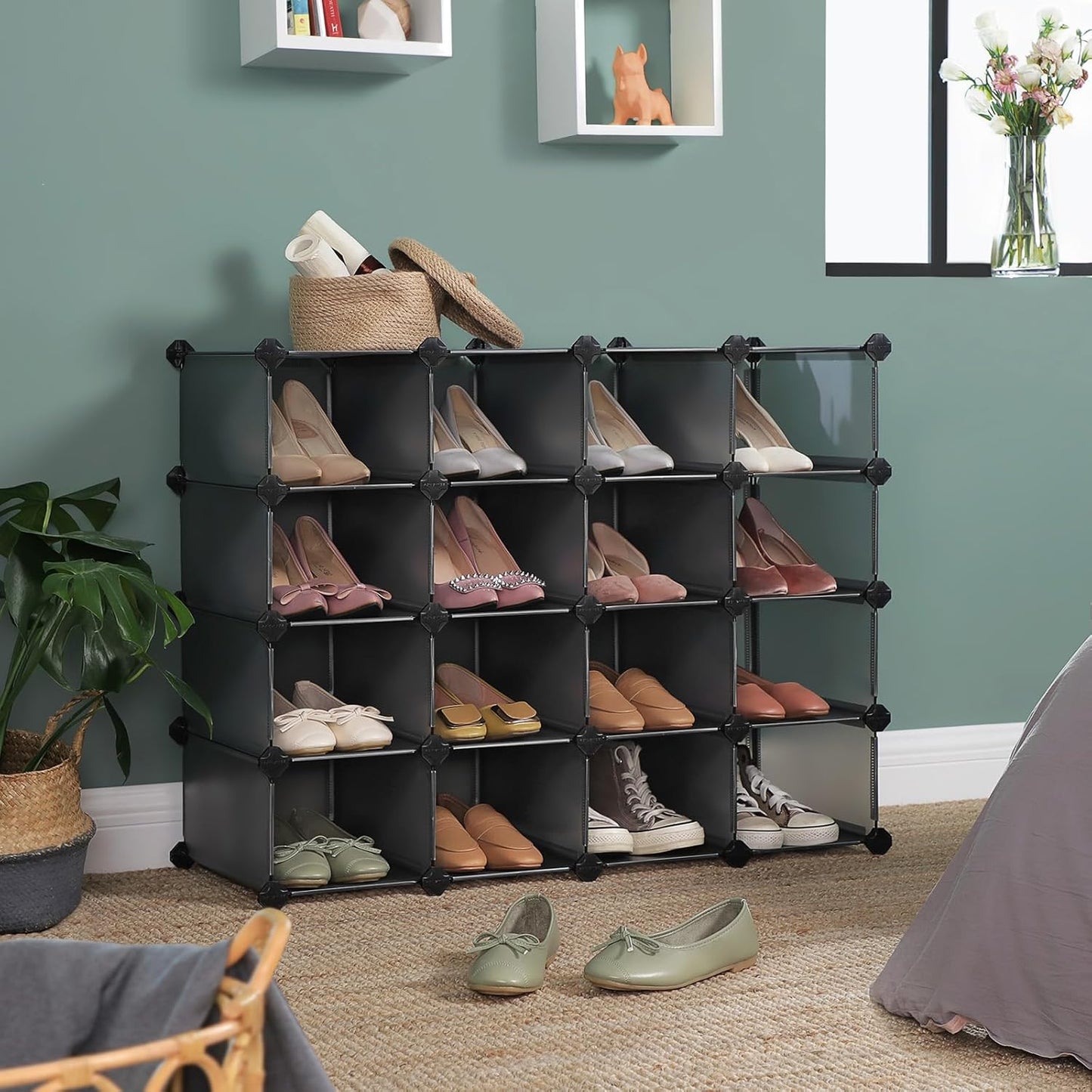 SONGMICS Shoe Rack with 16 Cubes, Interlocking Plastic Shoe Organizer, DIY Storage Cabinet for Closet Entryway Bedroom Garage, Space Saving Design, 12 x 35.1 x 27.2 Inches, Grey ULPC445G02