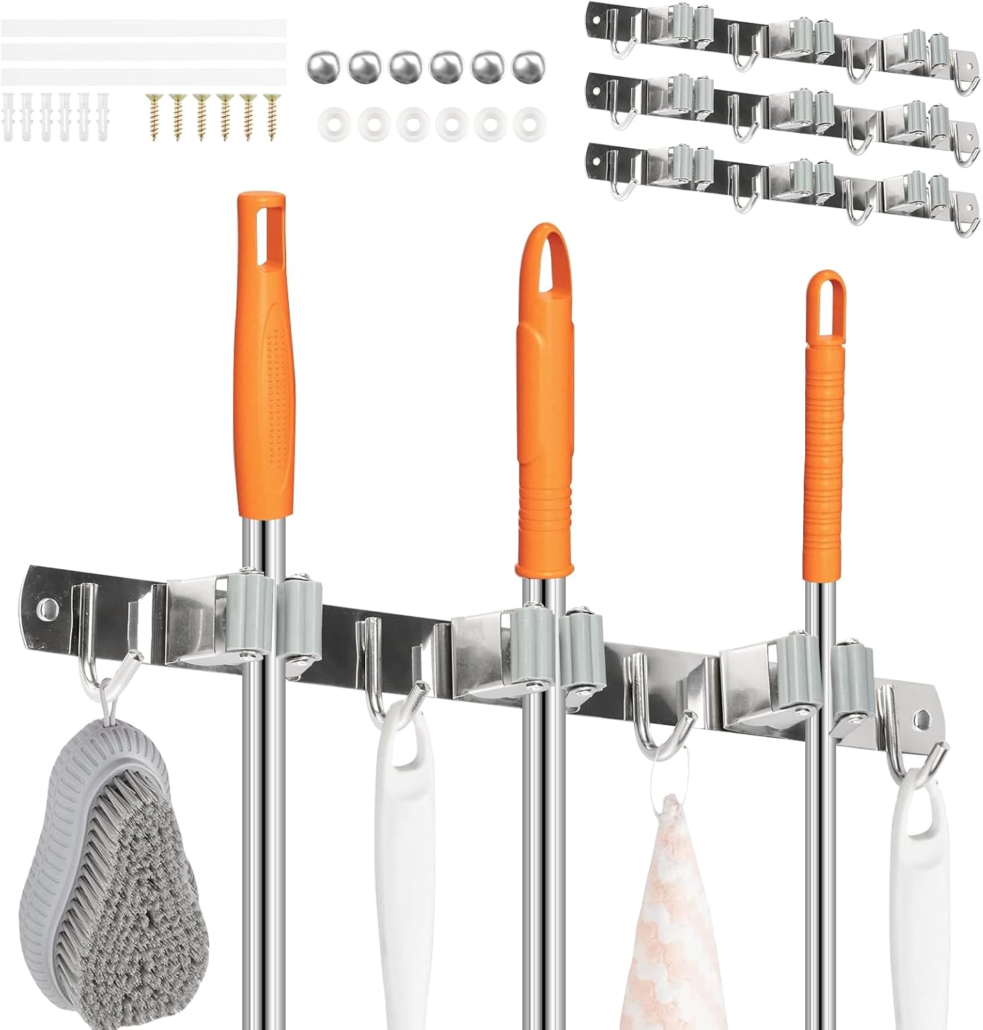 3 Pack Broom Holder Wall Mount 3 Racks 4 Hooks Stainless Steel Broom Mop Holder Anti Slip Storage Rack Strong Load Bearing Waterproof Broom and Mop Organizer Wall Hanging for Bathroom Kitchen Garage