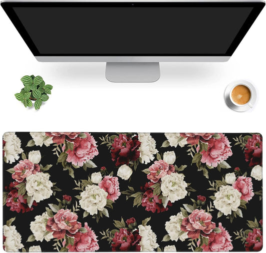 Desk Mat,Watercolor Peonies Floral Gaming Mouse Pad,XXL Extended Mouse Pad Mat for Office,Computer,Keyboard with Non-Slip Base Stitched Eges Mousepad 35.4x15.75 inch