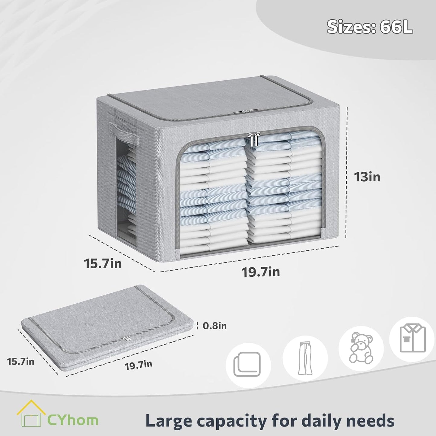 CYhom Clothes Storage Bins Box - Foldable Stackable Container Organizer Set with Clear Window & Carry Handles & Metal Frame - 2Pack Large Capacity for Bedding, Blankets, Books