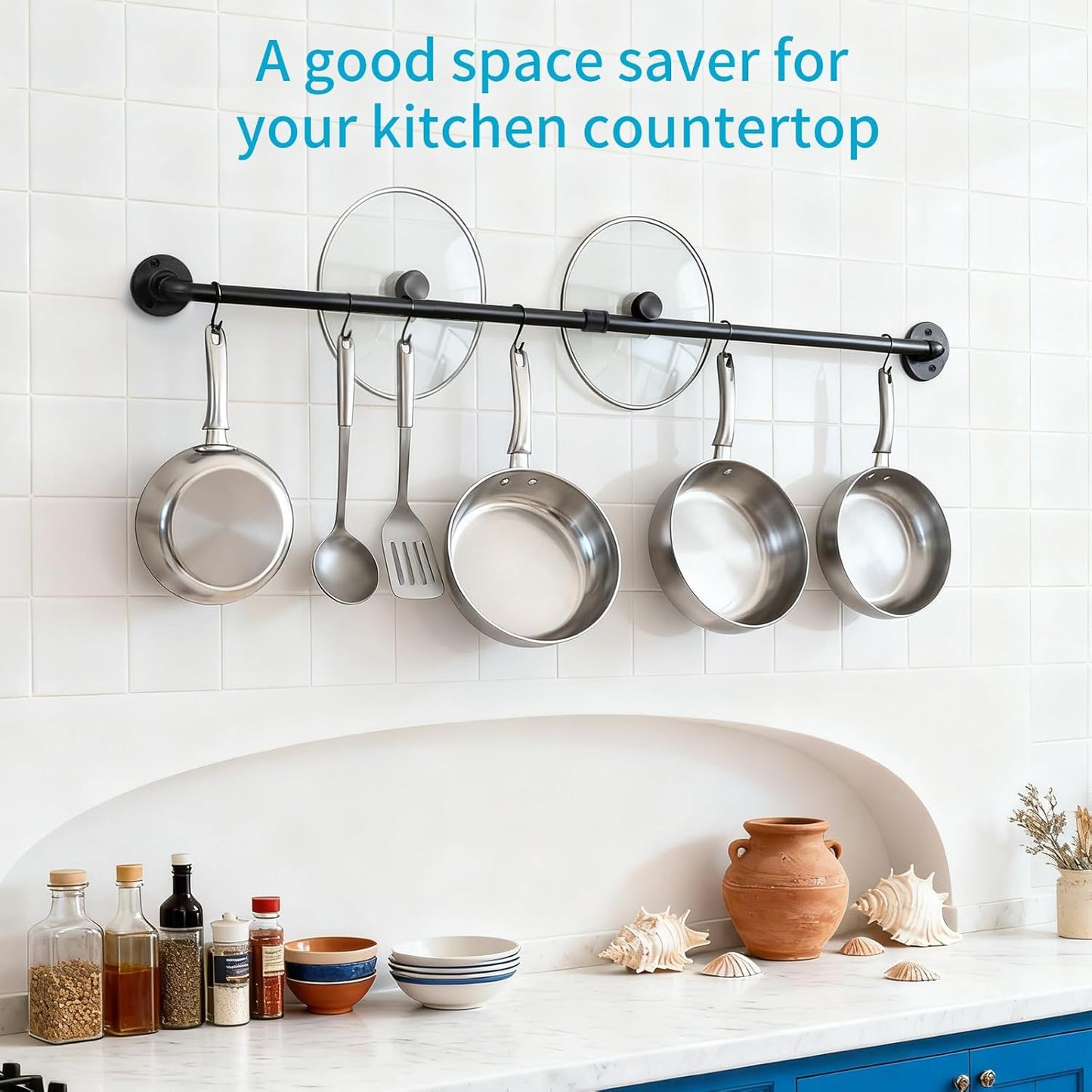 Pan Pot Lid Utensil Hanger Rack For Kitchen Organizer Wall Mounted Industrial Pipe Hanging Kitchen Storage Rack Pots Lids Pans Utensils Mugs Wall Holder With 10 Hooks
