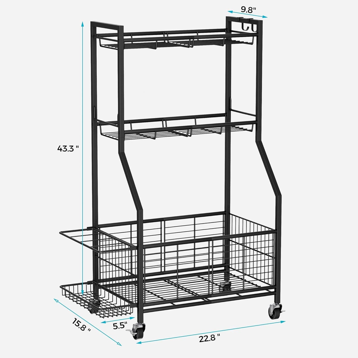 Sports Equipment & Toy Storage Rack with Wheels, 3-Tier Ball Organizer for Balls, Rackets & Sports Gear, Large Capacity with Racket Slots & Hooks, for Garage, Home Gym or Backyard – 23" W