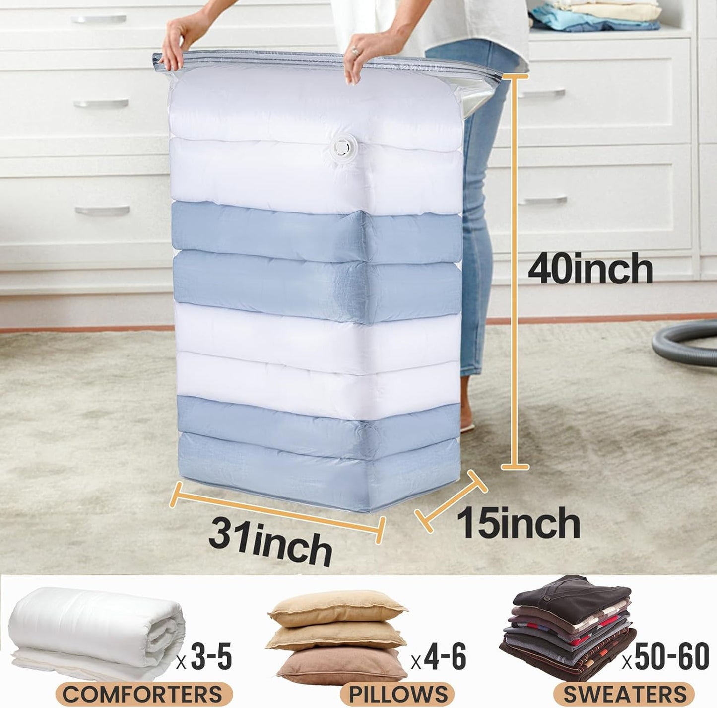 TAILI 10 Pack Vacuum Storage Bags, Space Saver Bags, Jumbo Cube 31x40x15 Inch, Extra Large Vacuum Sealed Bags for Comforters, Blankets, Bedding, Clothes, Closet Organization Space Saving, Clear