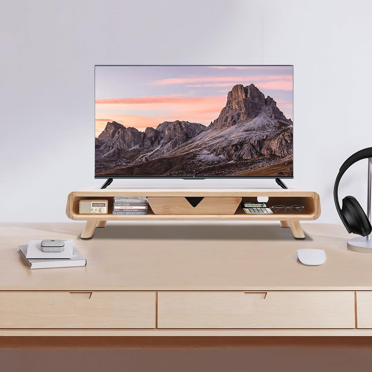 Monitor Stand Riser, 24inch Large Desk Computer Monitor Stand with 2 Wire Holes & Back Baffle, V-shaped Drawer, Desk Shelf Adds Storage for PC Monitor, Laptop, Printer