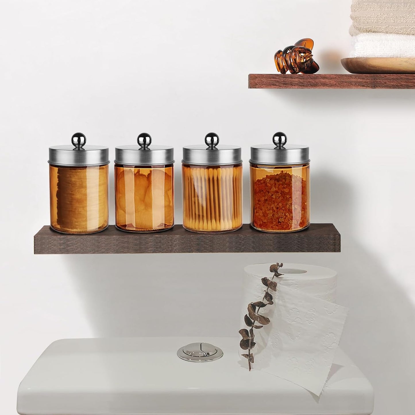 Amolliar Bronze Glass Apothecary Jar, Qtip Holder Metal Lid & Stickers, Bathroom Qtip Dispenser Storage, Canister for Cotton Balls, Cotton Swabs, Makeup Pads, Bath Salt, Floss, 4 Pack (Brushed Nickel)