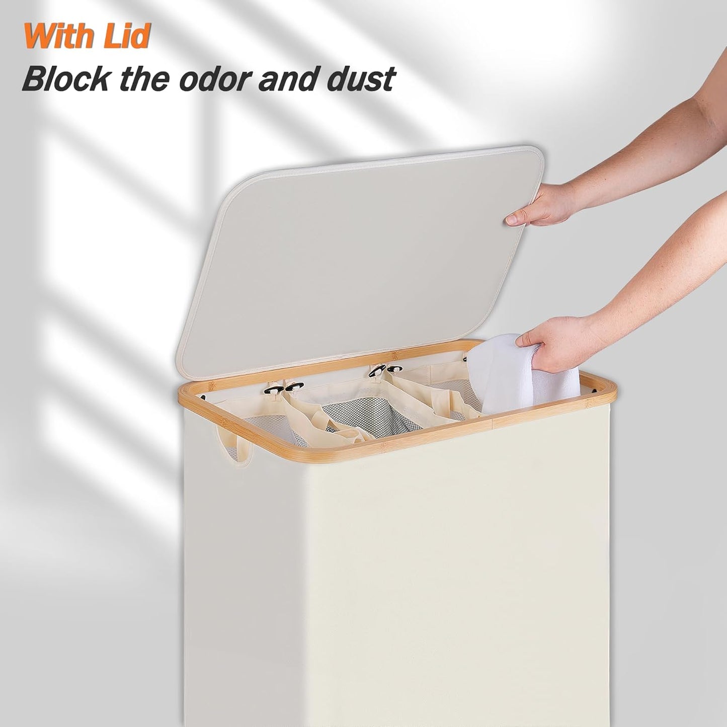 efluky Laundry Hamper with Lid, Trio Laundry Hamper with 3 Removable Bags, 3 Section Laundry Basket with Bamboo Handles for Bathroom, Bedroom & Laundry Room, 160L Beige