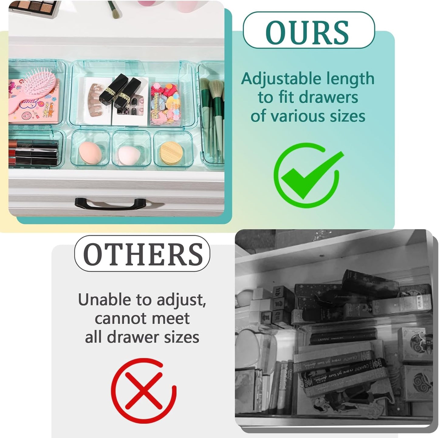 14 Pcs Adjustable Clear Drawer Organizer, Extendable Vanity Storage Bins, Desk Drawer Organizer Set for Makeup, Cosmetics, Bedroom, and Gadgets, Blue