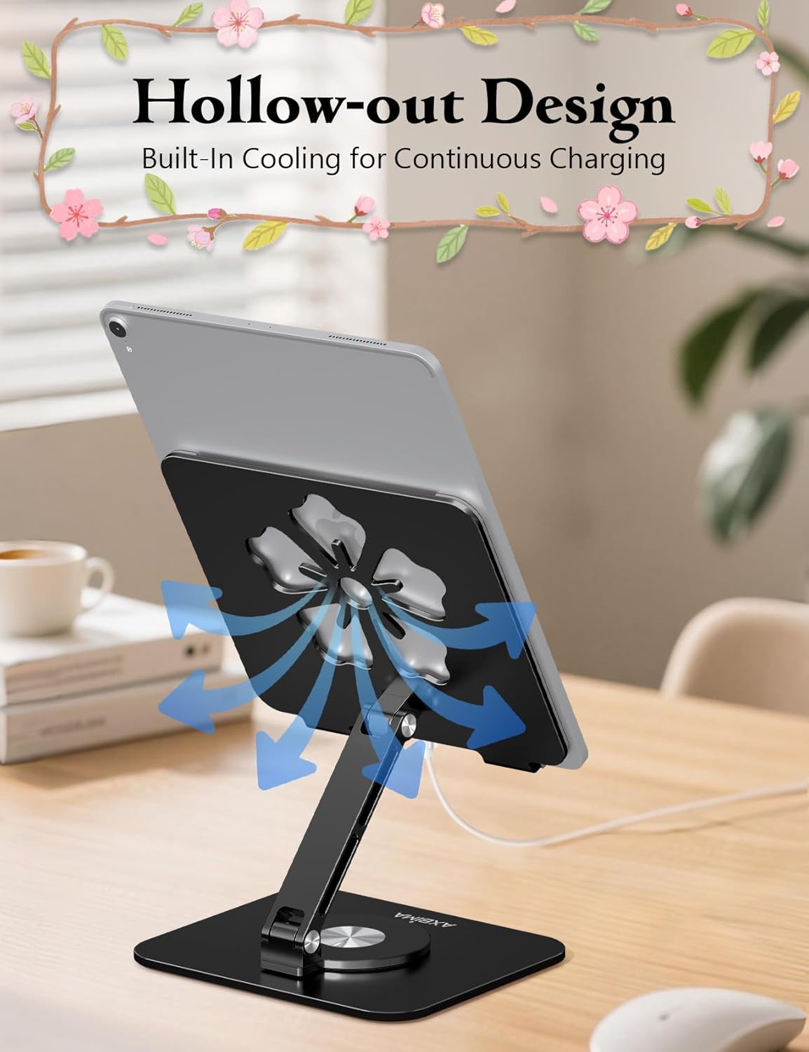 Tablet Stand for iPad, 360° Rotating Aluminum Foldable Holder – Adjustable Desk Stand | Fits iPad Pro 12.9/11,Samsung Galaxy Tab – Portable for Home, Office & Travel,Black