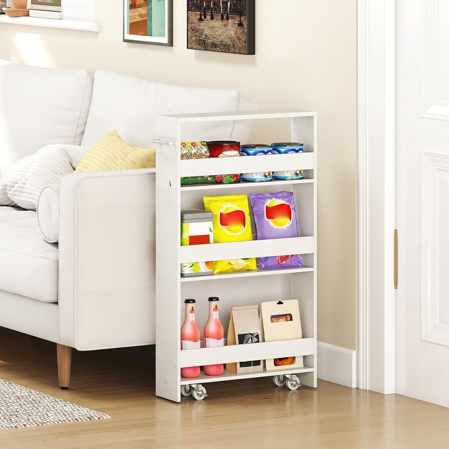 Small Kitchen Cart, 4-Tier Slim Rolling Island w/Handle, Laundry Room Storage Organizers Between Washer and Dryer, Narrow Spice Rack on Wheels Next to Fridge (White, 5'')
