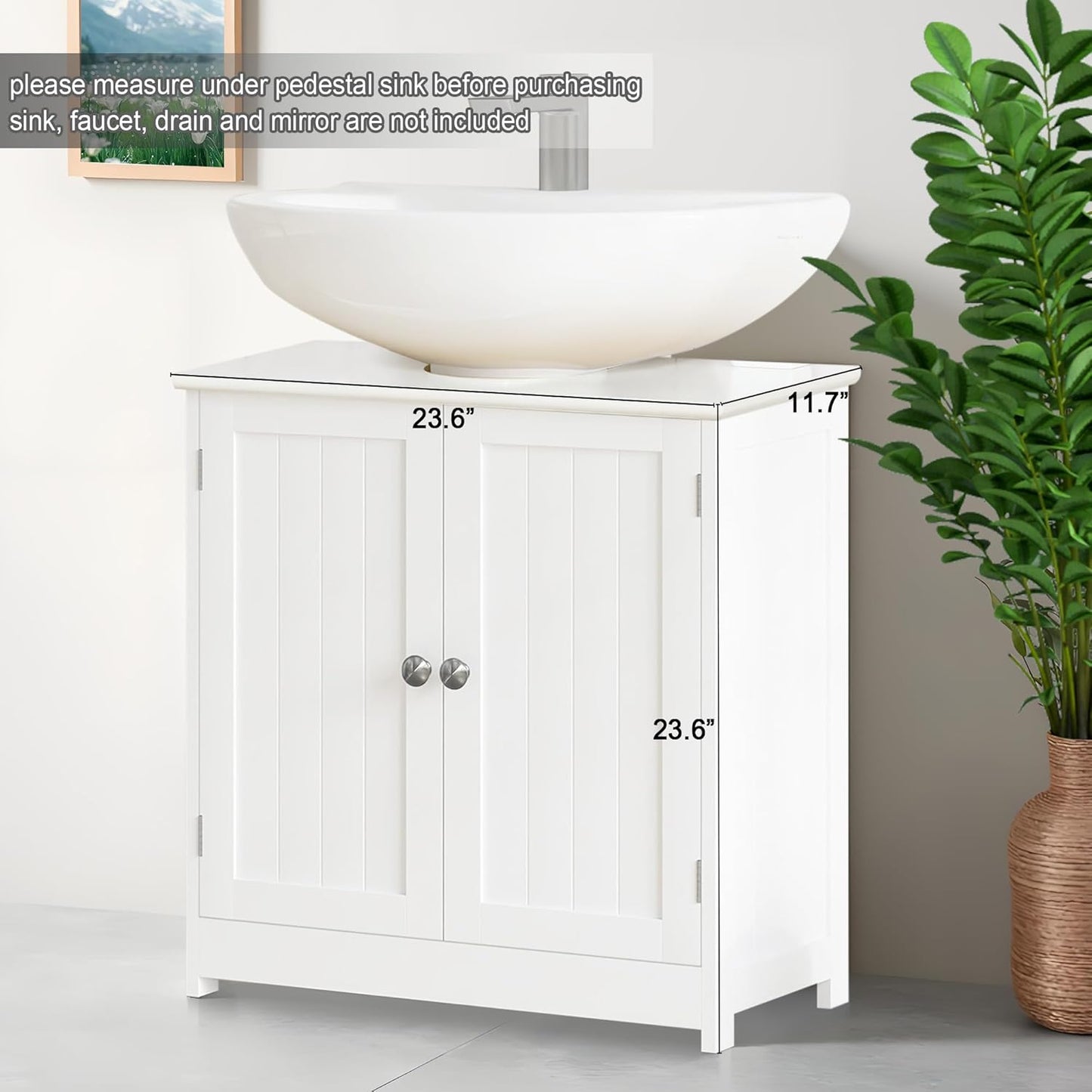 Pedestal Sink Storage Cabinet, Under Sink Cabinet with 2 Doors and Adjustable Shelf, Bathroom Sink Cabinet with U-Shape Cut-Out, Under Pedestal Sink Storage Cabinet for Bathroom, White