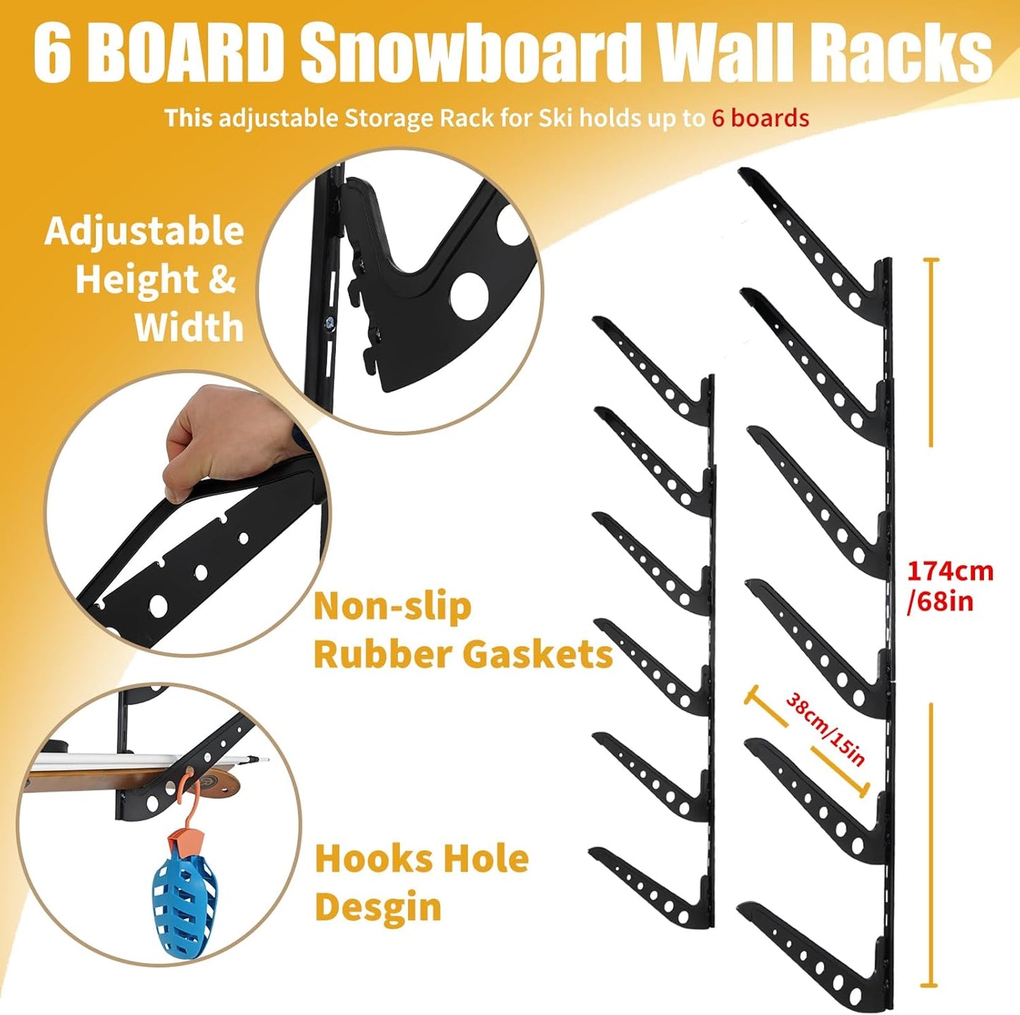 Snowboard Wall Racks, Adjustable Storage Rack for Ski, Surfboard, Wakeboard, Snowboard Wall Mount Display, White/Black
