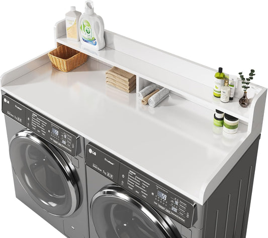 2-Tier Washer and Dryer Countertop with 2.75" H Guard,58" W x 28" D Laundry Countertop Cover with Non-Slip Pad,Large Space Laundry Topper for Folding Clothes Over Washer and Dryer-White