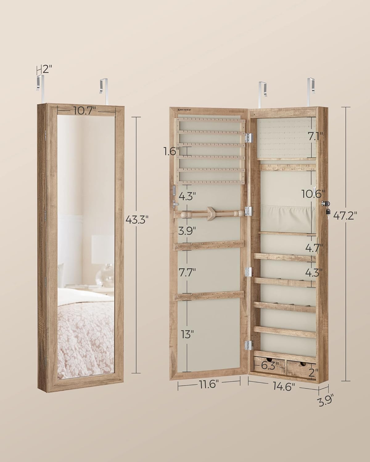 SONGMICS 6 LEDs Mirror Jewelry Cabinet, 47.2-Inch Tall Lockable Wall or Door Mounted Jewelry Armoire Organizer with Mirror, 2 Drawers, Christmas Gift, 3.9 x 14.6 x 47.2 Inches, Toasted Oak Color