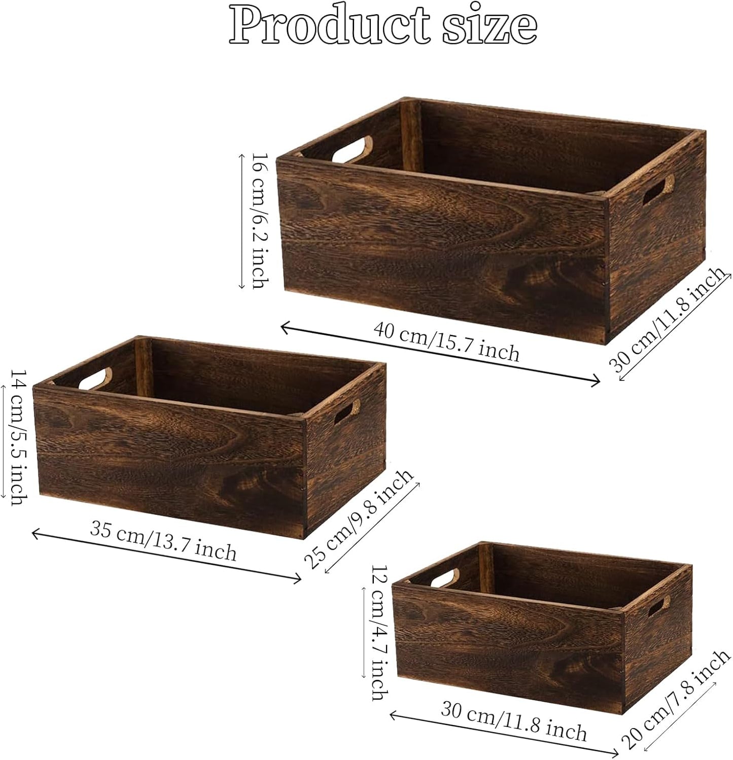 Set of 3 Wood Crate Box, Wood Nesting Storage Crates with Handle, Rustic Decorative Farmhouse Wooden Crates, Handmade Natural Solid Wooden Box for Closet Shelf and Kitchen Storage