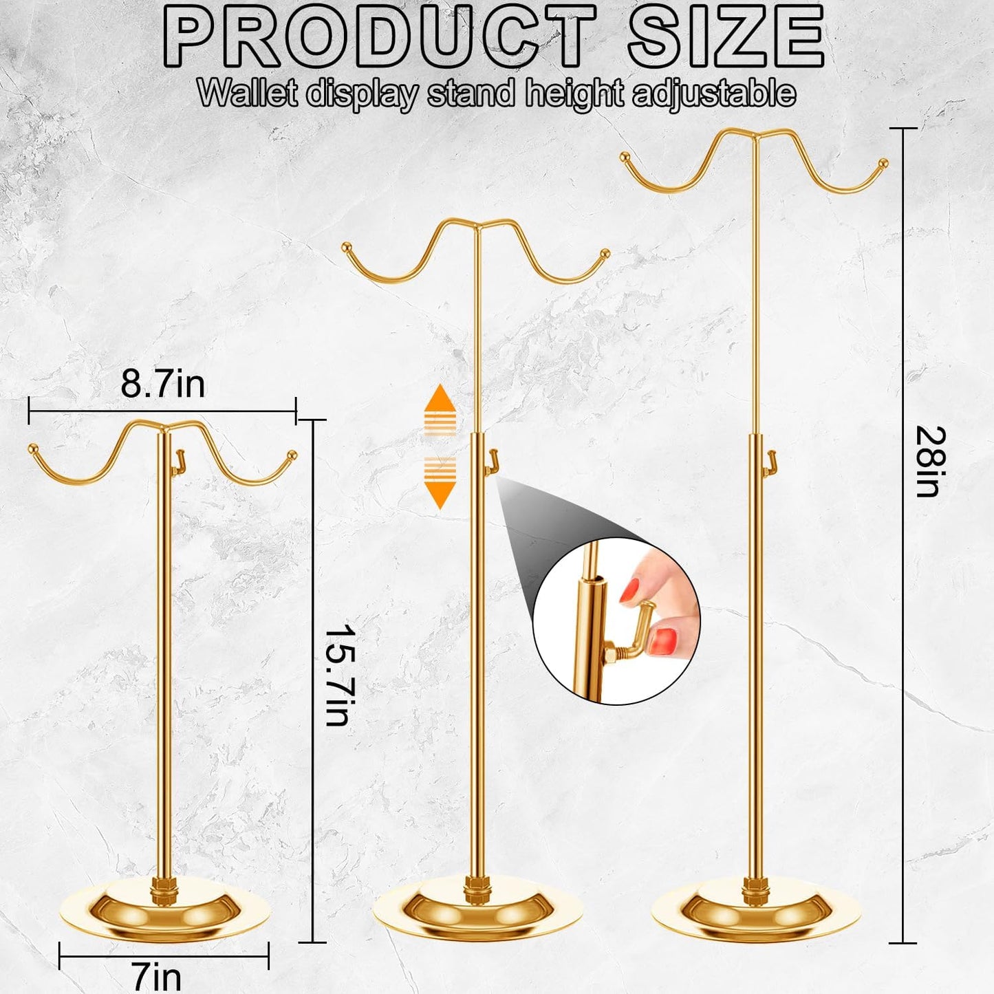 4 Pcs Purse Display Stand Adjustable Height Handbag Display Stand Metal Handbag Stand Holder Double Hook Purse Holder Stand for Home Store Boutique Counter, Gold