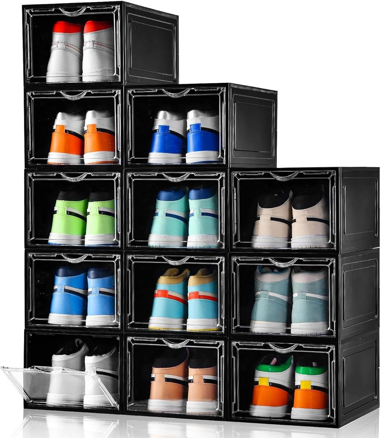Clemate Upgraded X-Large Shoe Storage Box,12 Pack,Shoe Box Clear Plastic Stackable,Drop Front Shoe Box with Clear Door,Shoe Organizer Containers For Sneaker Display,Fit up to US Size13, Black