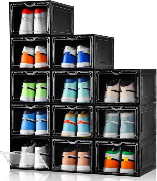 Clemate Upgraded X-Large Shoe Storage Box,12 Pack,Shoe Box Clear Plastic Stackable,Drop Front Shoe Box with Clear Door,Shoe Organizer Containers For Sneaker Display,Fit up to US Size13, Black