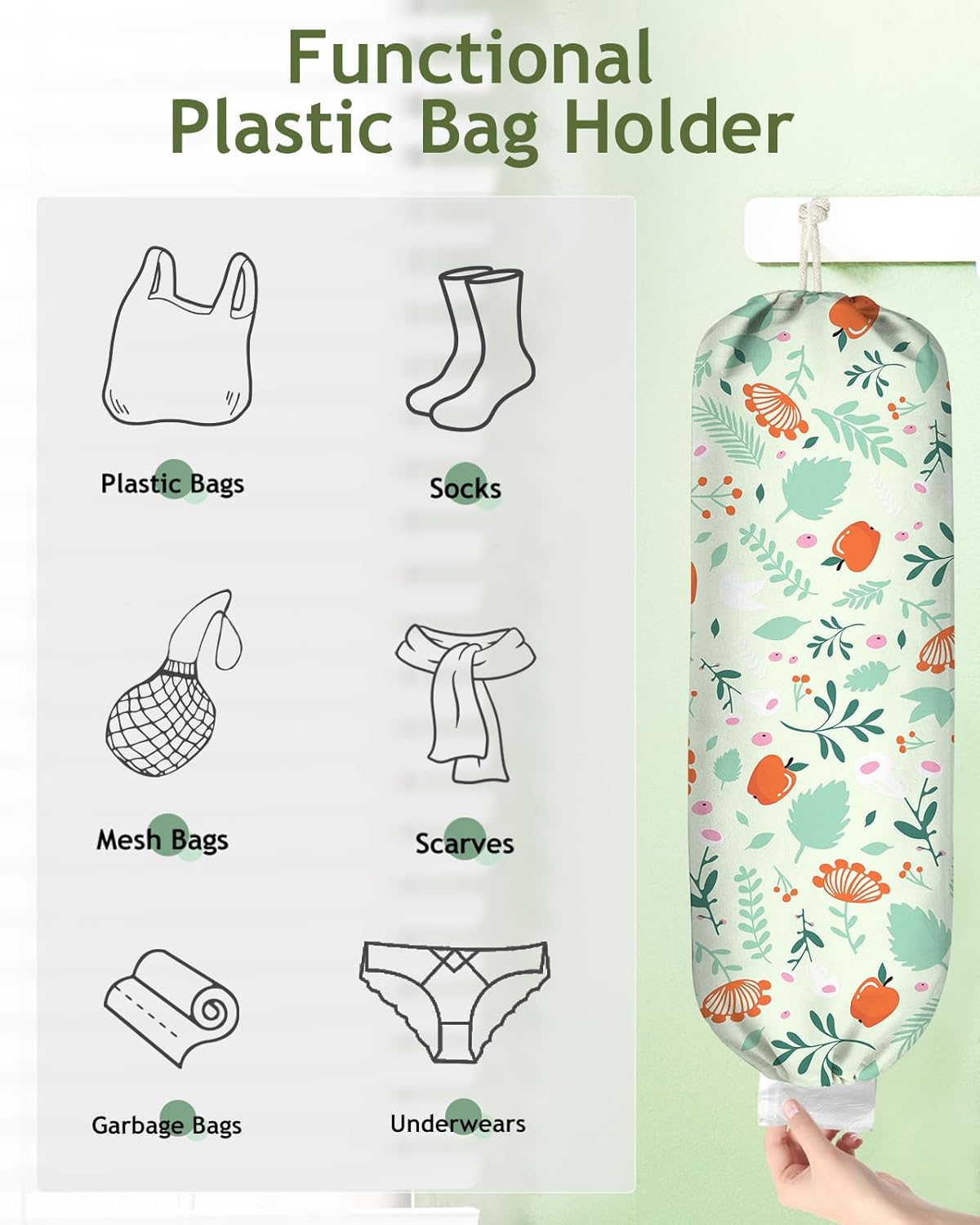 Plastic Bag Holder, Grocery Bag Organizer - 1 Pack Cute Kitchen Dispenser Holders Reusable Shopping Western Hanging Wall with Adjustment Drawstring Closure for Women Home, Green