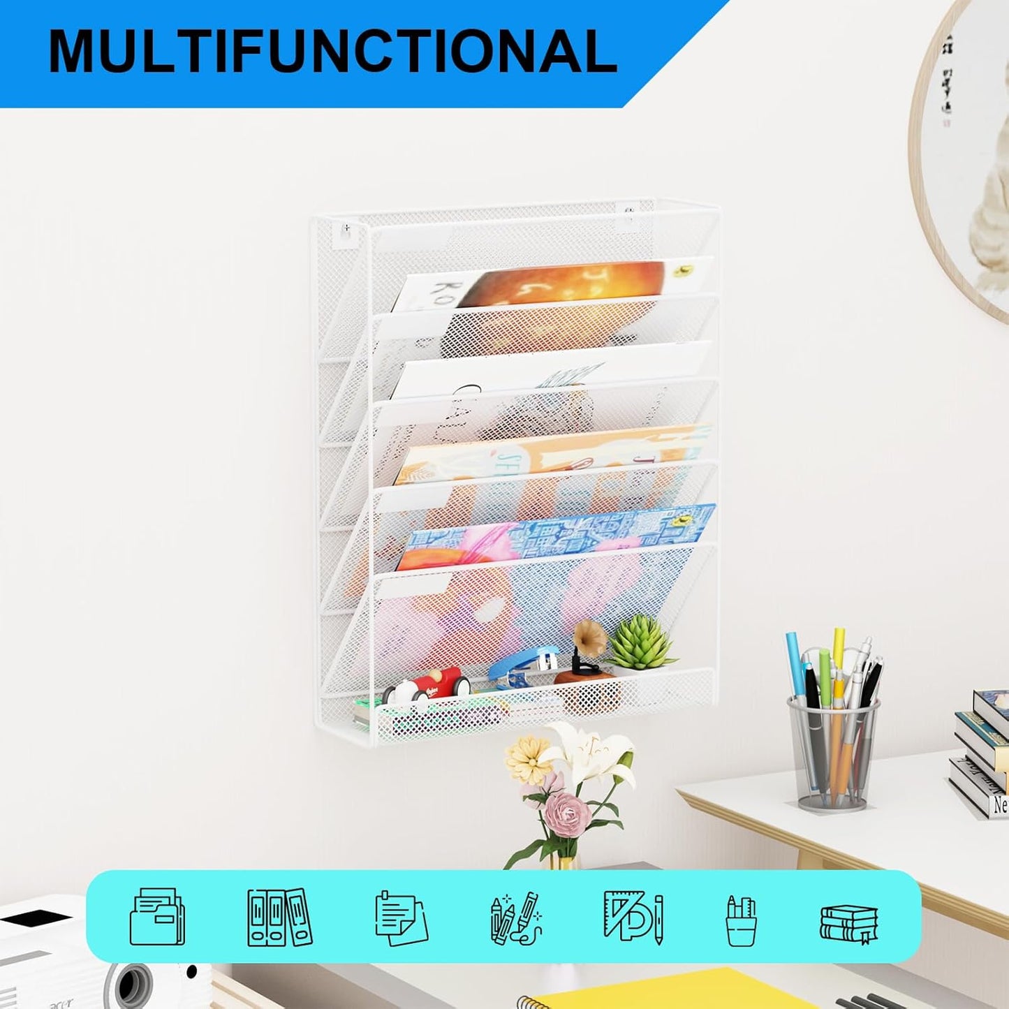 Wall File Organizer Holder Mesh Hanging Paper Document Holder,Vertical 6 Pocket Tier for Office Home, White