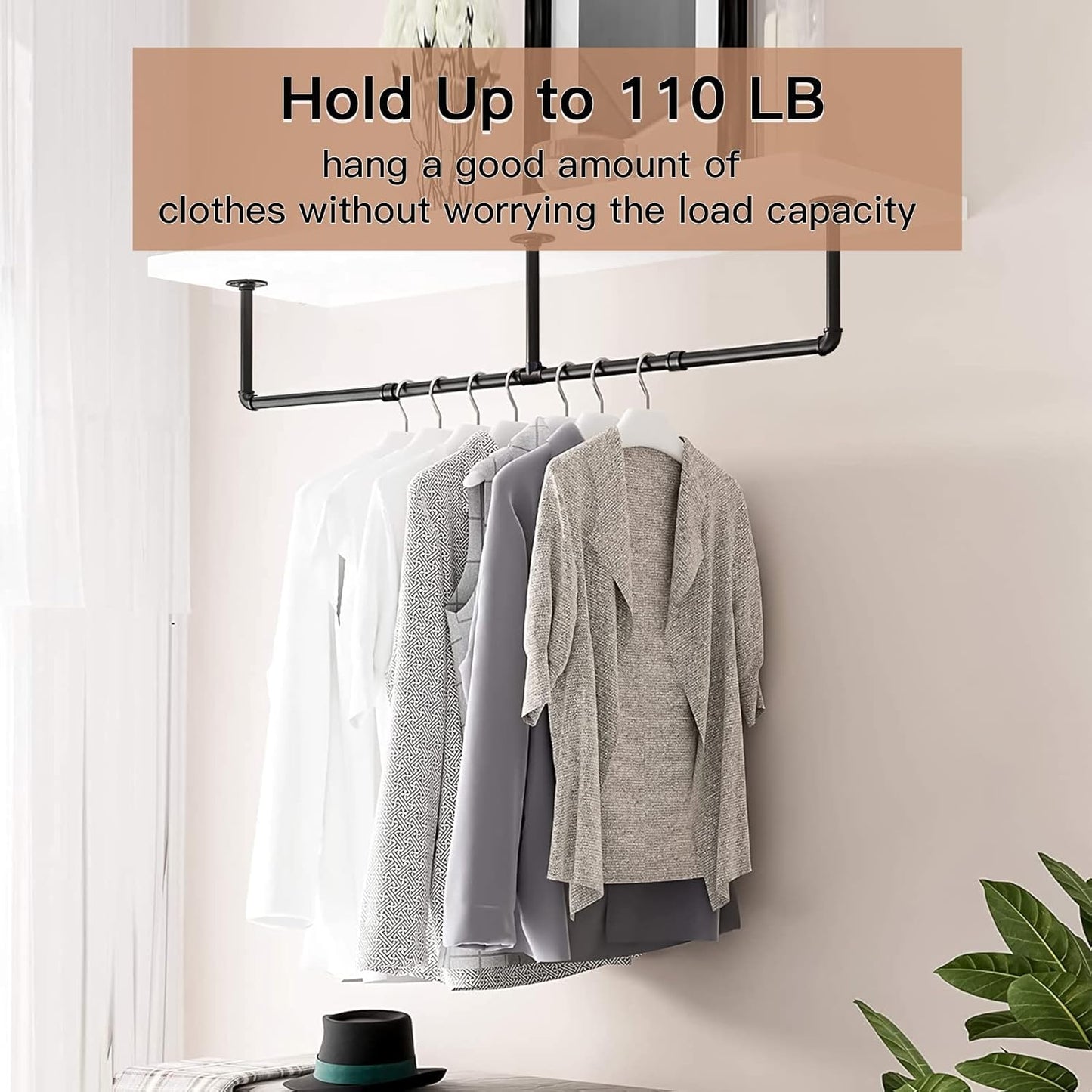 Clothes Hanger Pole Wall Mount, 72" Heavy Duty Detachable Black Iron Garment Bar Hanging Rod Holder, Clothes Rail Shelf Wardrobe Organizer for Laundry Room & Closet Storage, 3 Base