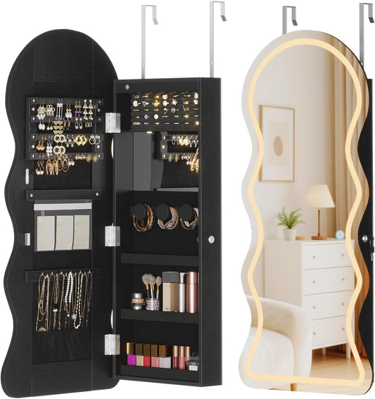HOOBRO LED Mirror Jewelry Cabinet, Wall/Door Mounted Jewelry Organizer, Jewelry Aromire with Wavy Mirror Full Length, Lockable Cosmetics Storage Cabinet, Interior Mirror, 16.5" x 4.1" x 43.3", Black