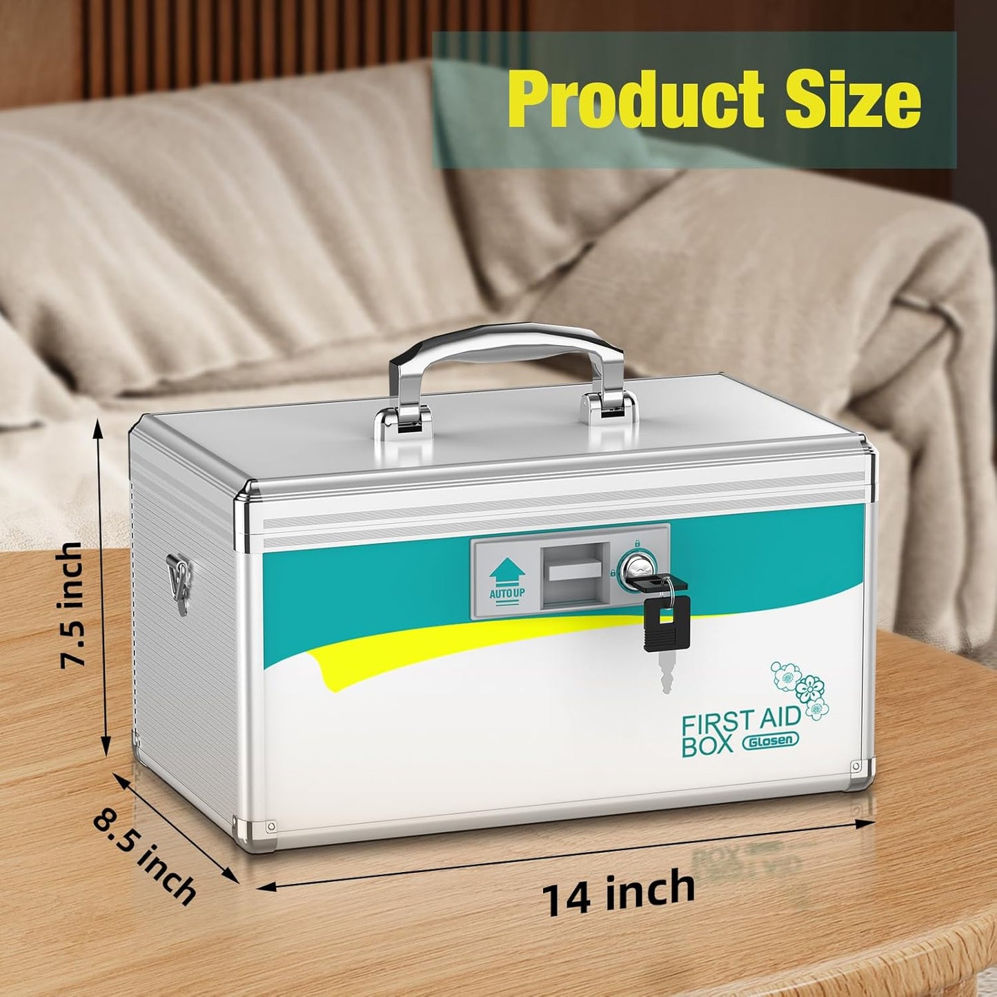 Glosen Medicine Lock Box,locking medicine box, Security Lock Boxes【Large 14x8.5x7.5 Inches with removable storage pocket】 lock box, First Aid Key Safe Box for Medication