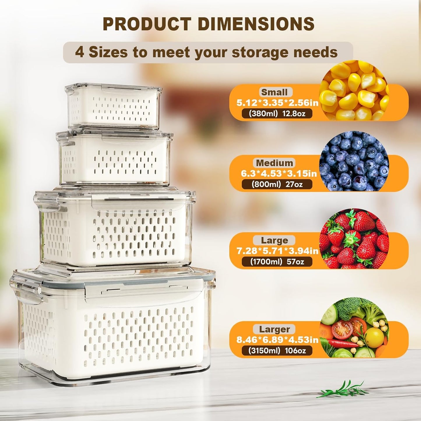 4 Pcs Fruit Storage Containers for Fridge (with Drain Basket) - Leak-Proof Food Containers, BPA-Free, Keep Fruits, Vegetables, Berries, and Meats Fresh for a Long Time, Dishwasher and Microwave Safe