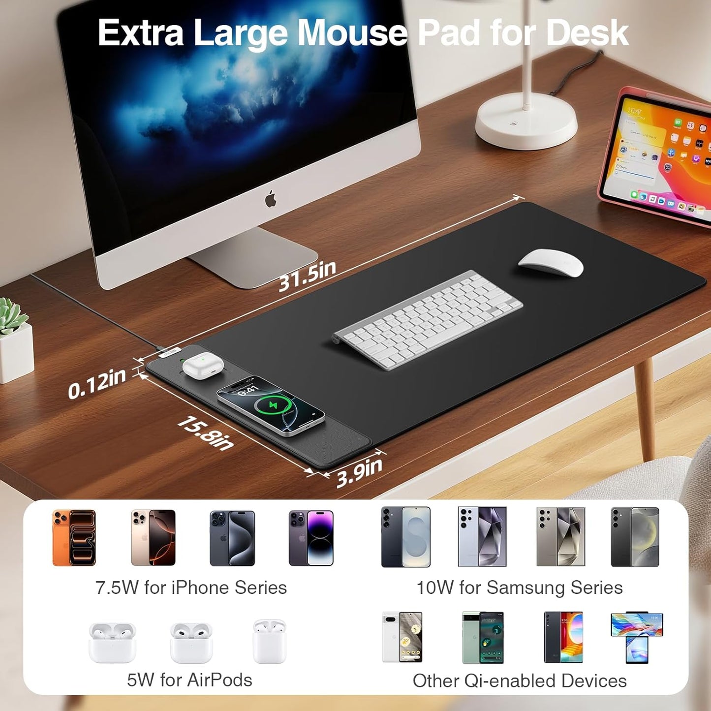 Magnetic Wireless Charging Mouse Pad, 31.5"x15.8" Large Gaming Desk Mat for Keyboard/Laptop, Non-Slip Base & 20W PD Adapter, Waterproof Ultra-Smooth Surface Mousepad for Gamer, Office & Home, Black