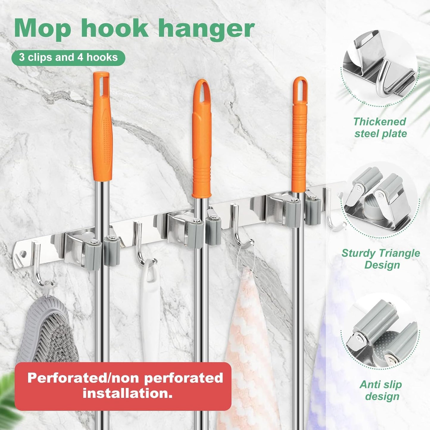 5 Pack Broom Holder Wall Mount 3 Racks 4 Hooks Stainless Steel Broom Mop Holder Anti Slip Storage Rack Strong Load Bearing Waterproof Broom and Mop Organizer Wall Hanging for Bathroom Kitchen Garage