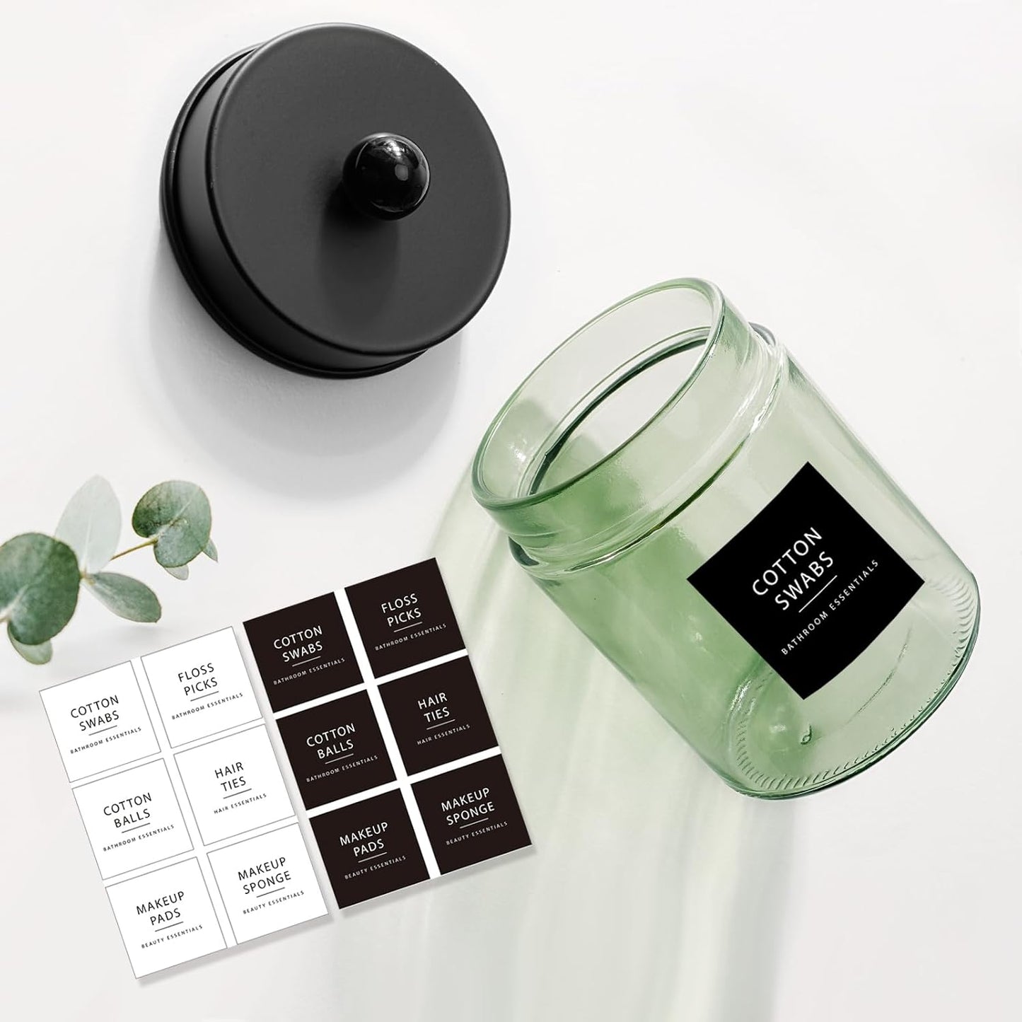Amolliar Sage Green Glass Apothecary Jar, Qtip Holder Metal Lid & Stickers, Bathroom Qtip Dispenser Storage Canister, Perfect for Cotton Balls, Cotton Swabs, Round Pads, Bath Salt, Floss, Black 2 Pack