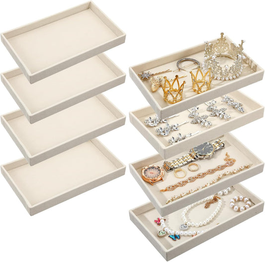 8pcs Small Velvet Jewelry Trays,Beige Stackable Jewelry Trays Drawers Organizer Inserts,Jewellery Storage Tray for Necklaces, Earrings, Rings, Bracelets, 8.3 x 4.9 x 1 Inches