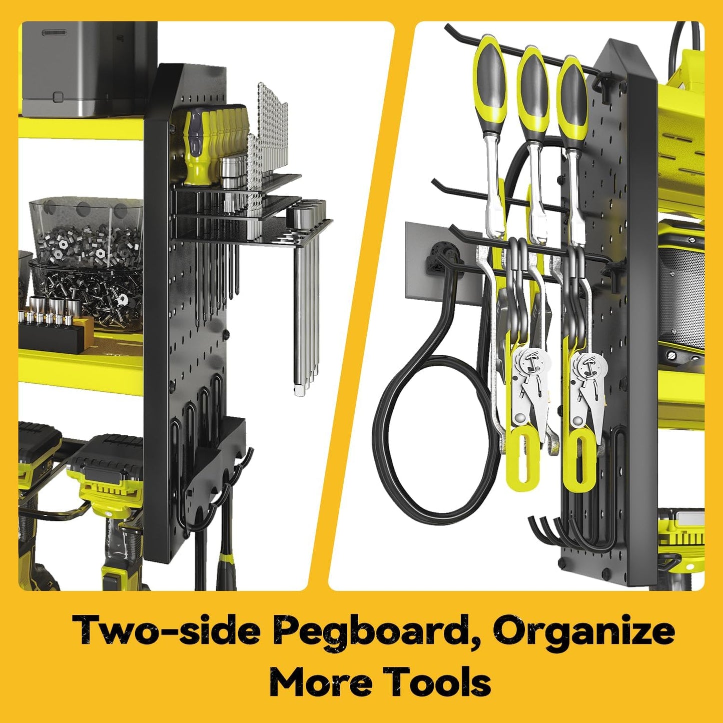 SOYEEZE Large Power Tool Organizer Wall Mount with Charging Station, 3 Layer Heavy Duty Metal Tool Storage Rack with 8 Drill Holder, Tool Holder Built in 8 Outlet Power Strip (Green)