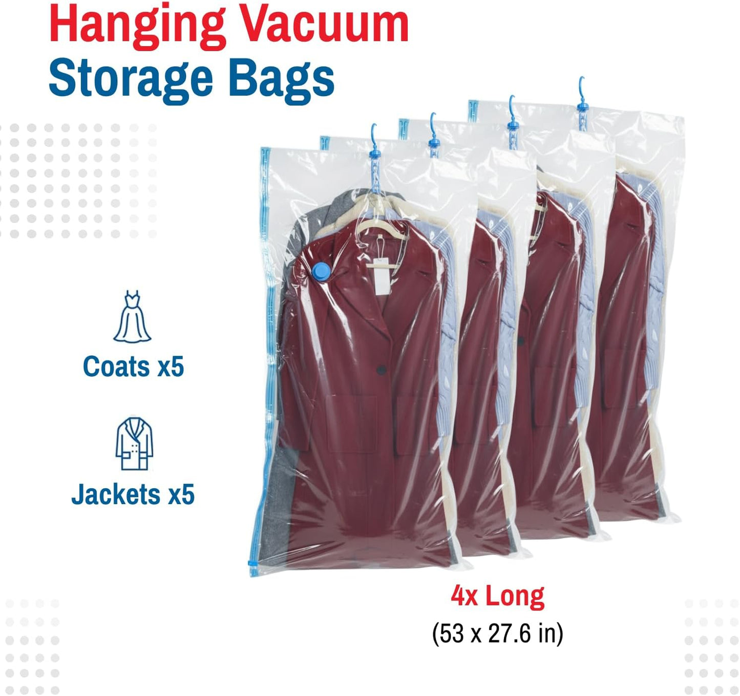 Spacesaver Hanging Vacuum Storage Bags (Pack of 4) - Vacuum Sealer Bags, Closet Organizer, Sealed Storage, Space Bag - Blanket, Bedding, Garment, Clothing, Dress, Suit, Long Coat, Jacket