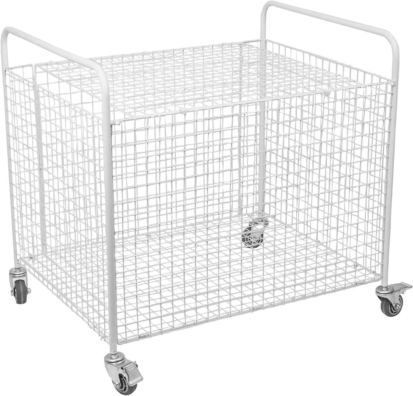 Metal Basketball Rolling Cart Sports Equipment Storage Wheel Basket White Athletic Portable Lockable Cage Raised Handle Gym Home Garage School Court Field Football Soccer Ball Volleyball Bat