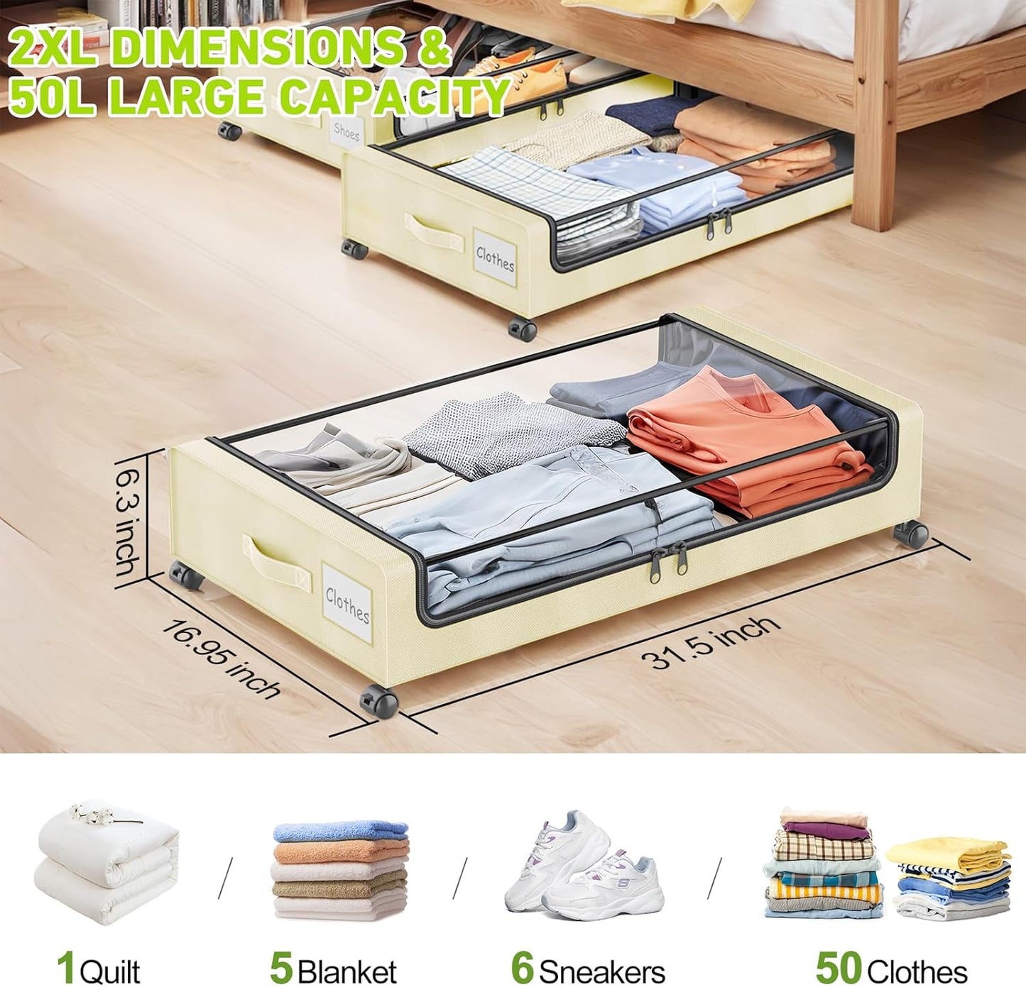 Under Bed Storage with Wheels, 2-Pack Underbed Storage Containers with Clear Lids, Under Bed Shoe Storage Organizer, Rolling Under Bed Storage for Clothes Shoes Blankets (Beige)