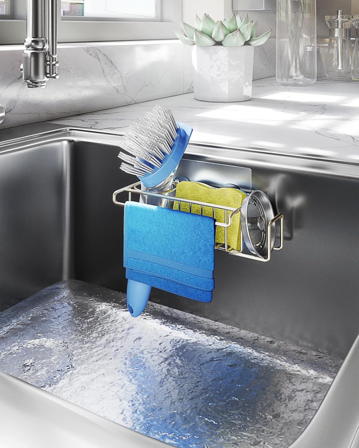 HapiRm Sink Caddy Sponge Holder - No Drill Sponge Holder for Kitchen Sink, Rustproof and Waterproof Kitchen Organizer - Brushed Nickel（8.65 * 3.54 * 2.36 in）