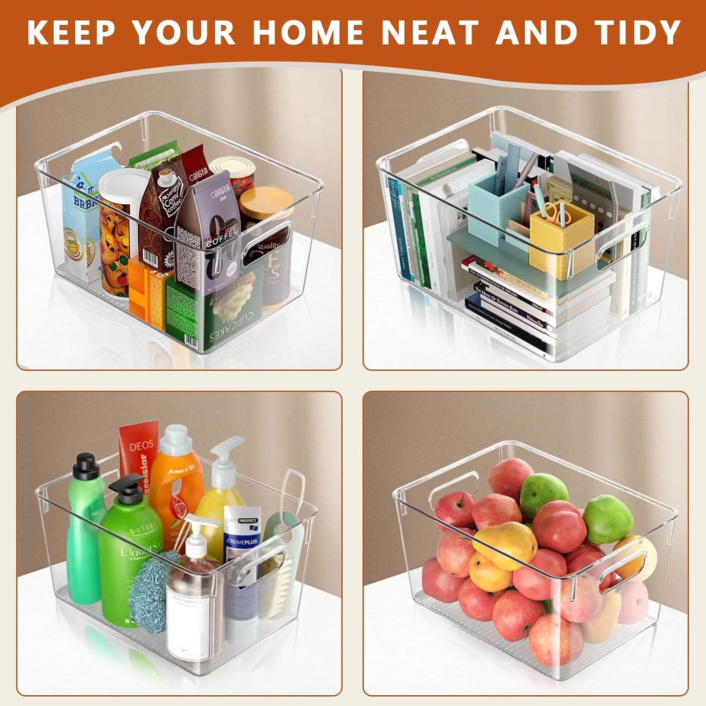 MOONEDGE Open Clear Plastic Storage Bins Stackable Organizer Containers with Handles for Kitchen, Pantry, Fridge, Cabinet, Closet Storage & Home Organization 6 Pack（11 x 8 x 6 in）