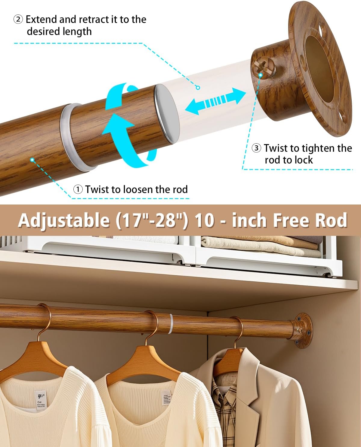 Closet Rods for Hanging Clothes, 17-52 Inch Heavy Duty and Stepless Adjustable Closet Poles, Stainless Steel Closet Hanging Rod for Wardrobes, Laundry Room, Bathroom, RV (Wood-Grain Finish)