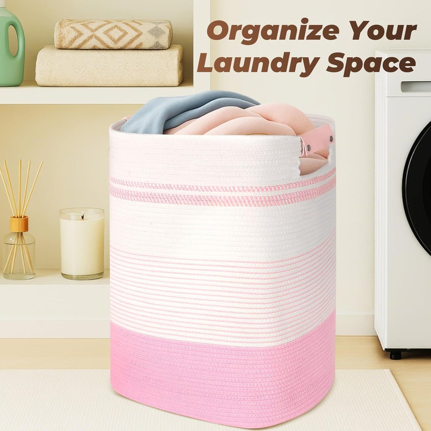 Laundry Basket with Handles - Blanket Basket & Hampers for Bedroom Aesthetic, Laundry Hamper & Blanket Storage for Living Room, Clothes Hamper, Tall, Large 17" x 14" x 22”, Pink & White